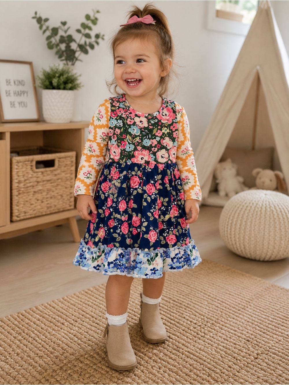 Sweet Honey Multi-Color Floral Long-Sleeve Dress 2 T (011)